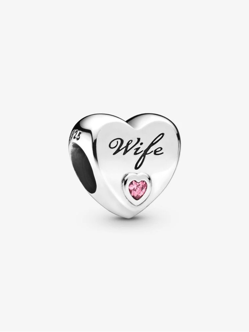 Pandora Sterling Silver 'Wife' Heart Charm with Pink Stone